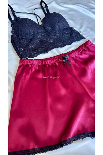 Lessya Burgundy Satin Shorts Bralet Set