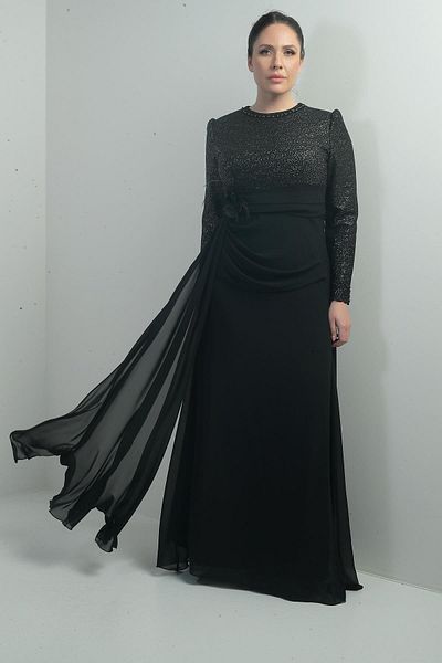 By Saygı Rochie lungă din șifon pentru femei, cu paiete și mărgele, căptușită, cu talie cu flori, drapată, mărime mare