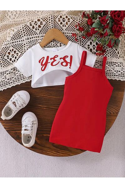 DLRboutique Cotton Yes Printed Top Crop White Sweat - Bottom Red Dress