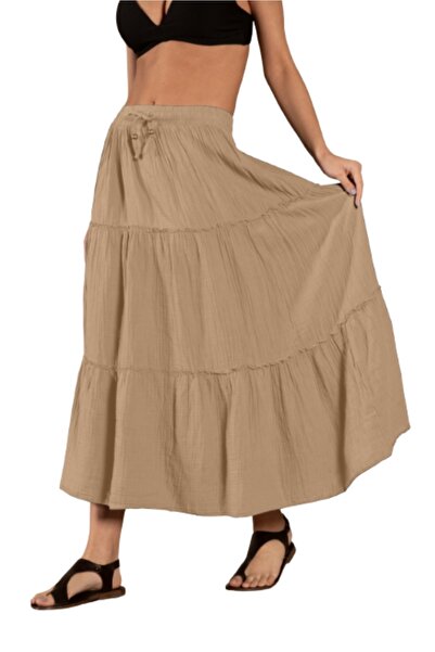 clavia Fusta de muselina cu talie inalta, fusta plisata cu straturi, fusta hijab, fusta casual, fusta lunga de vara