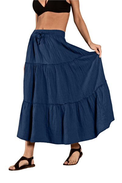 clavia Fusta de muselina cu talie inalta, fusta plisata cu straturi, fusta hijab, fusta casual, fusta lunga de vara