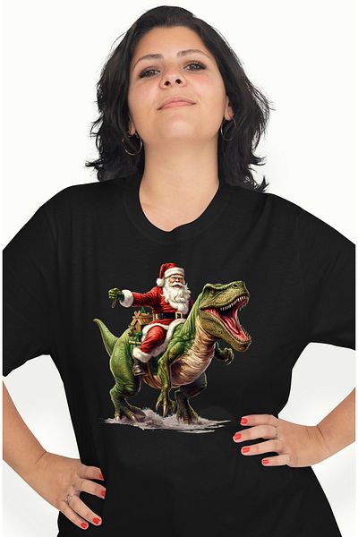 StoryGift Romania Tricou Femei Cu Mos Craciun Care Sta Pe Un Dinozaur Verde, T-rex, Dinti Ascutiti Blk_m