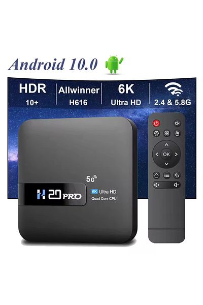 Choice صندوق تلفاز ذكي H20pro بمقبس أوروبي بسعة 2 جيجابايت و16 جيجابايت، يعمل بنظام أندرويد 10، مزود بخاصية Wifi6، ودقة 6K و4K، ومشغل وسائط ثلاثي الأبعاد