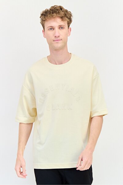 BLANK ESSENTIALS Men Crew Neck Short Sleeve Brand Logo T-Shirt, Cream