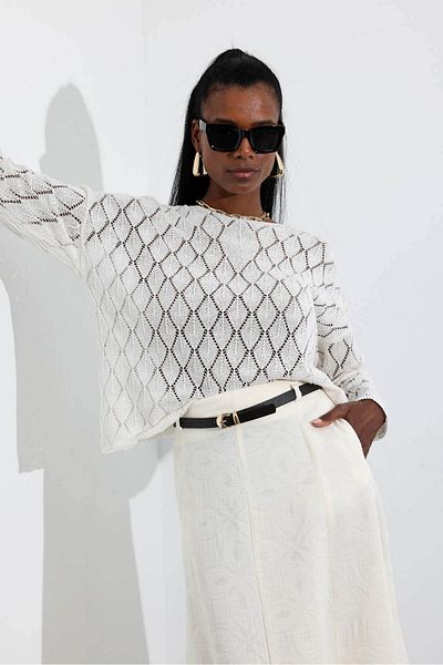 5in1Canpolat White Openwork Diamond Pattern Knitwear 251049