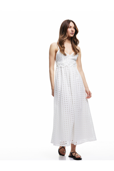 Koton Cotton Lining Scalloped Flower Applique Detail Thin Strap Long Dress