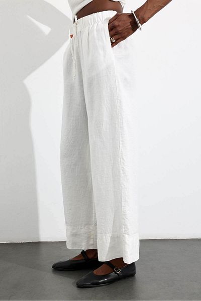 5in1Canpolat Ecru 100% Linen Elastic Waist Trousers