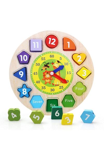 Picodino Sa invatam ceasul, cu forme geometrice, incastru si snuruire, Montessori, din lemn, 12 piese