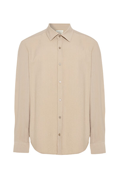 Mudo Men's Beige Regular Fit Textured Long Sleeve Shirt