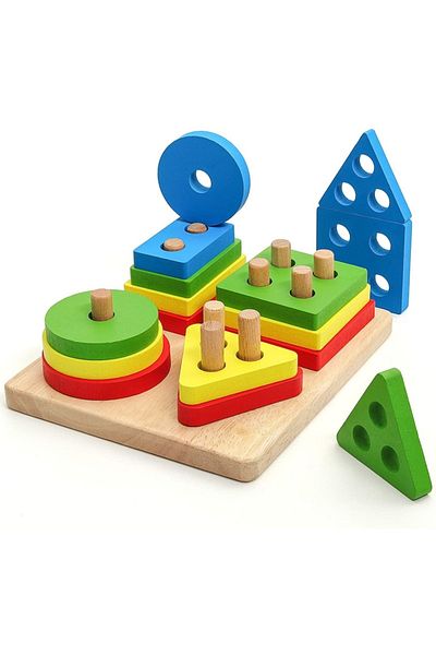 Picodino Jucarii Montessori sortator pentru copii, 16 piese din lemn natural eco, puzzle, forme geometrice