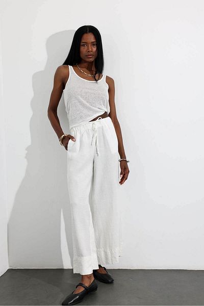 5in1Canpolat Ecru 100% Linen Elastic Waist Trousers