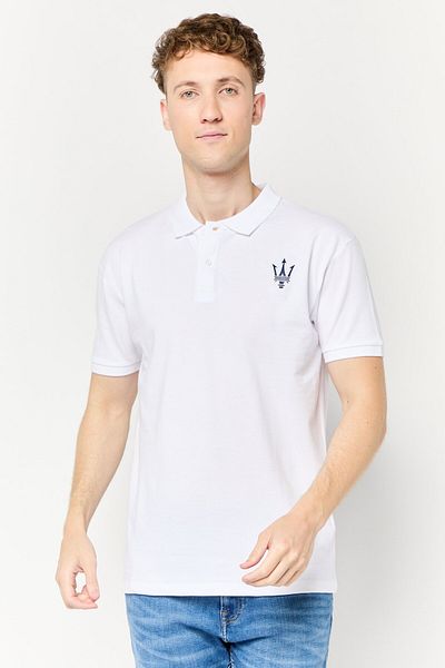 Maserati Men Regular Fit Brand Logo Short Sleeve Polo Shirt, White