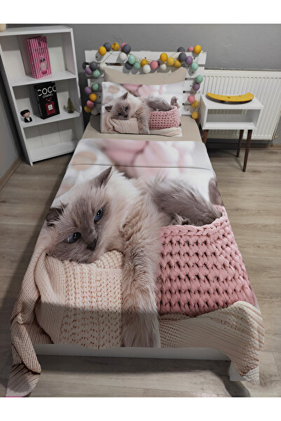 yok yok evim eve dair her şey 4 Piece Cat Patterned Single Pique Bedspread Set with Elastic Sheets