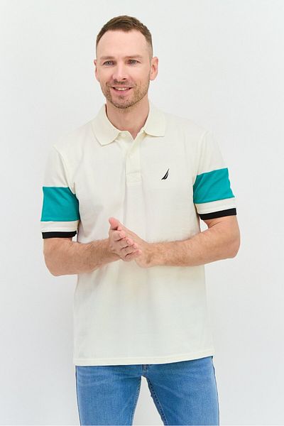 Nautica Men Regular Fit Embroidered Logo Short Sleeves Polo, Cream