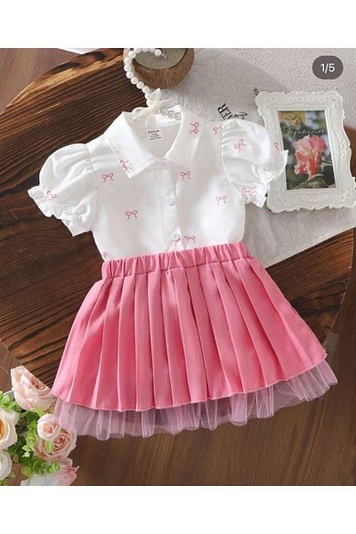 ipekkids Silk Kids Girl's Pleated Bow Skirt Short Sleeve Shirt Set