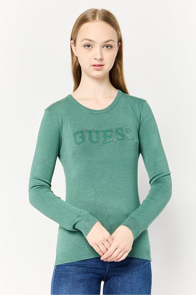 Guess Women Crew Neck Long Sleeve Brand Logo T-shirt, Green