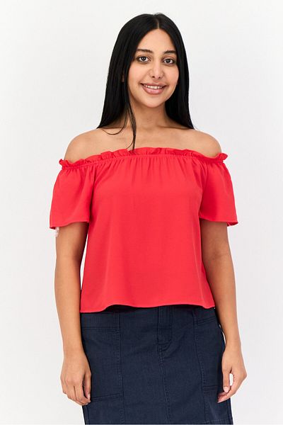 DeFacto Women Off Shoulder Neckline Short Sleeve Textured Crop Top, Red