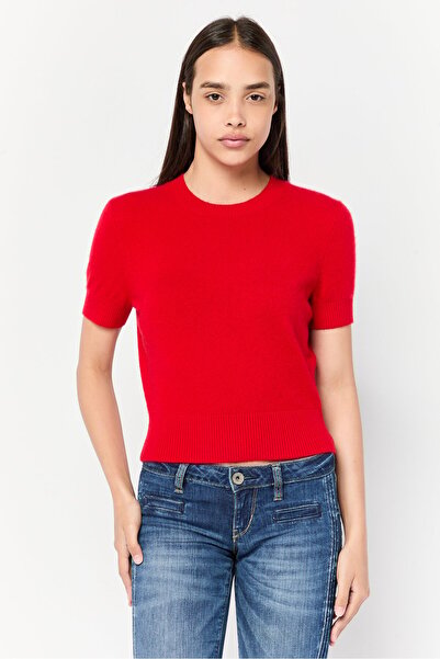 Esprit Women Ribbed Collar Knitted Short Sleeves Top, Red
