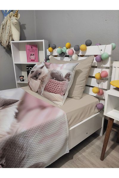 yok yok evim eve dair her şey 4 Piece Cat Patterned Single Pique Bedspread Set with Elastic Sheets