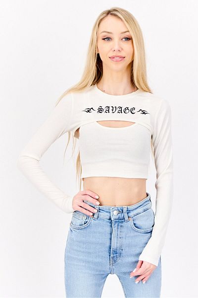 DeFacto Women Ribbed Collar Long Sleeve Graphic Print Top, Off White