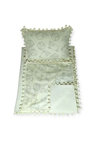 Birmelek Piqued Muslin Blanket and Pillow Set - Double Layer Pompom