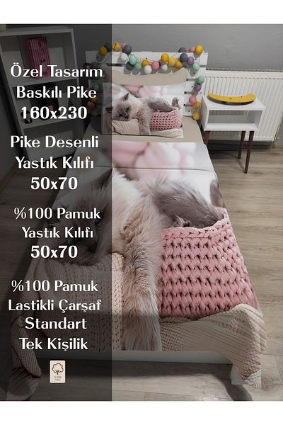 yok yok evim eve dair her şey 4 Piece Cat Patterned Single Pique Bedspread Set with Elastic Sheets