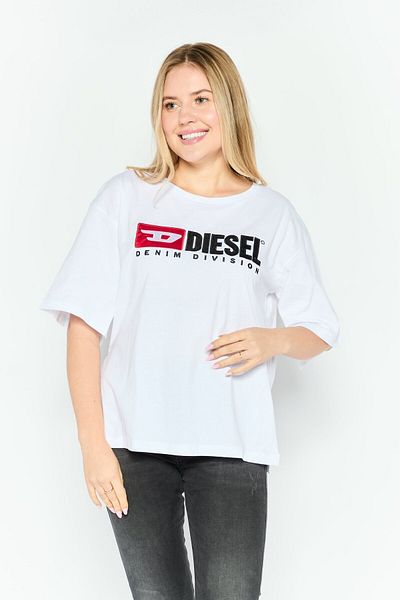 Diesel تي شيرت نسائي بأكمام قصيرة وياقة دائرية وشعار العلامة التجارية، أبيض