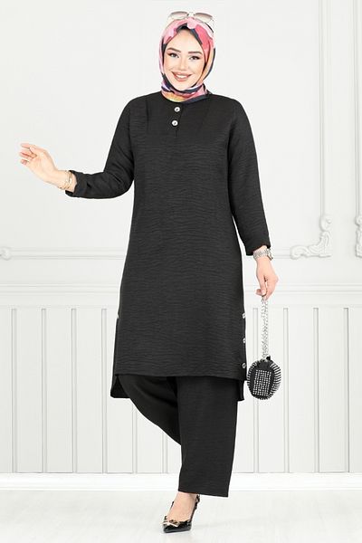 ModaMerve Half Button Linen Suit 018Mr1077-M Black