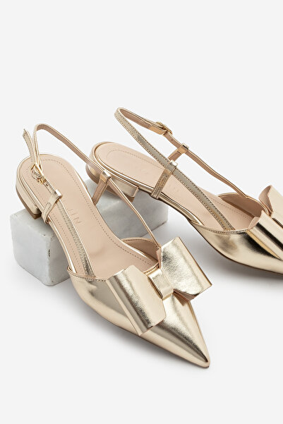 Marjin Women's Pointed Toe Bow Detailed Open Back Ballerinas Tolze Gold