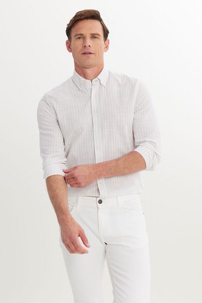 AC&Co / Altınyıldız Classics Ανδρικό μπεζ 100% βαμβακερό πουκάμισο με λεπτή εφαρμογή με κουμπιά γιακά πουκάμισο Dobby