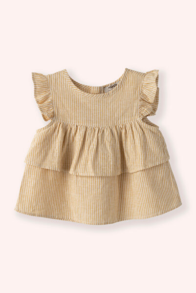 Panço Kız Bebek Bisiklet Yaka Kolu Fırfır Detaylı Çizgili Sarı Bluz