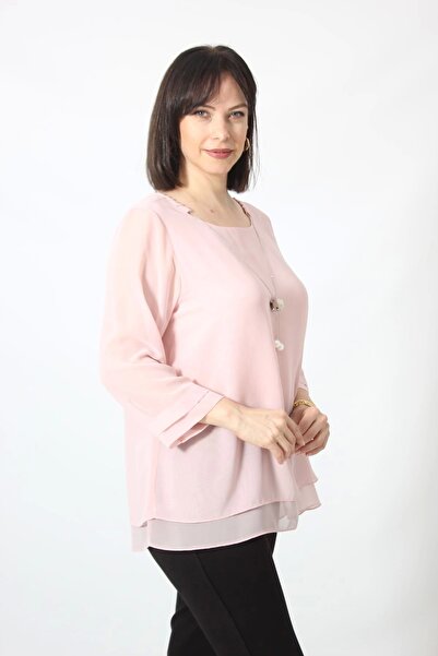 Moda Berray 1934 Kolyeli Şifon Büyük Beden Şık Bluz Somon