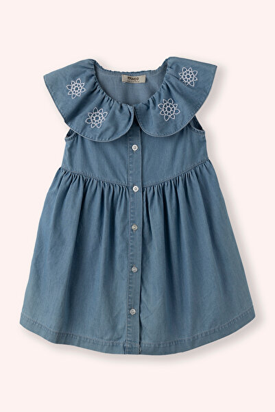 Panço Kız Bebek Geniş Yakalı Nakış Detaylı Mavi Elbise