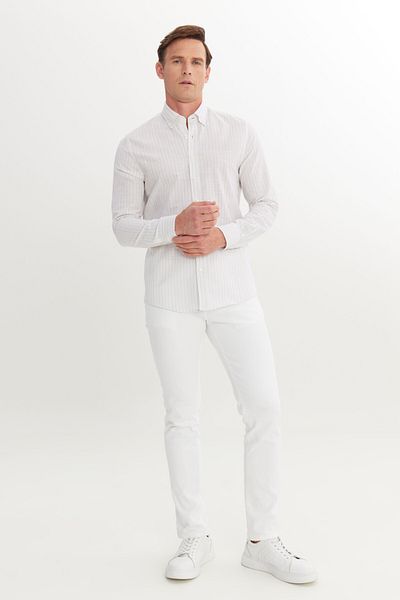 AC&Co / Altınyıldız Classics Ανδρικό μπεζ 100% βαμβακερό πουκάμισο με λεπτή εφαρμογή με κουμπιά γιακά πουκάμισο Dobby