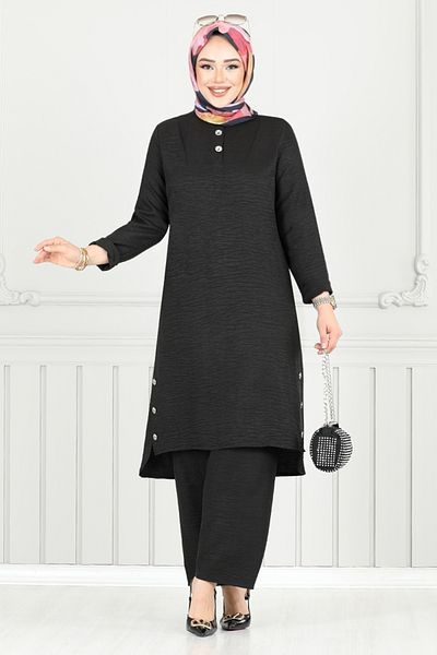 ModaMerve Half Button Linen Suit 018Mr1077-M Black