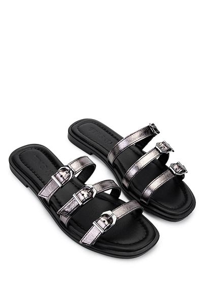 Tamer Tanca Women's Genuine Leather Black/Anthracite Flat Slippers