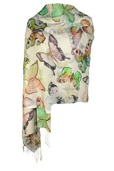 DACSHOP Cashmere scarf with butterflies, Dacali, light green, 185 x 75 cm