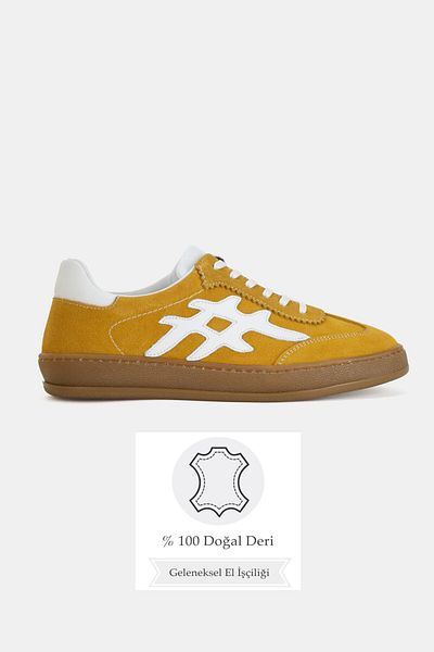 TUNAELLİ Women's Yellow Suede Genuine Natural Leather Lace-Up Sneaker Casual Shoes