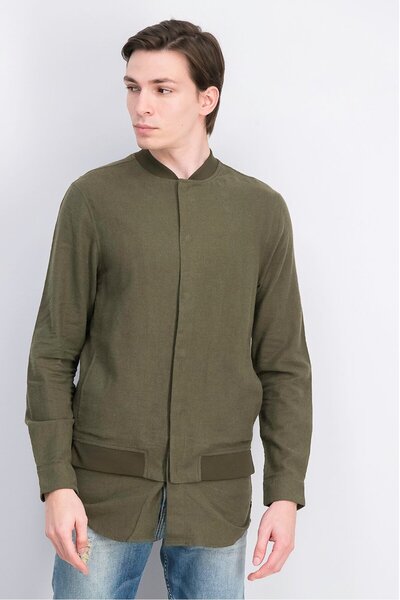 Scotch & Soda Men Band Neck Long Sleeve Casual Shirt, Olive