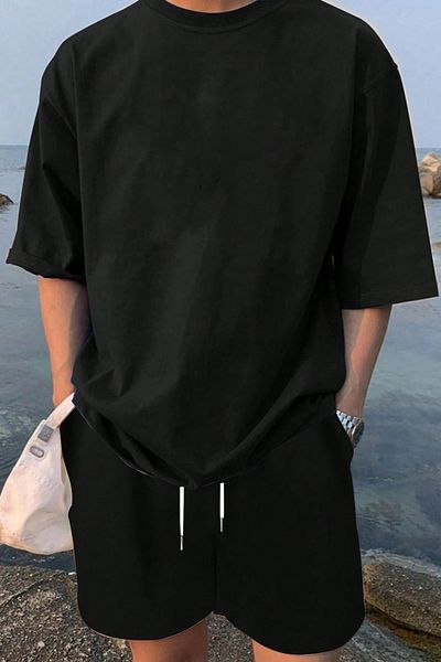 MELADYAN Unprinted Black T-Shirt Black Shorts Bottom Top Set