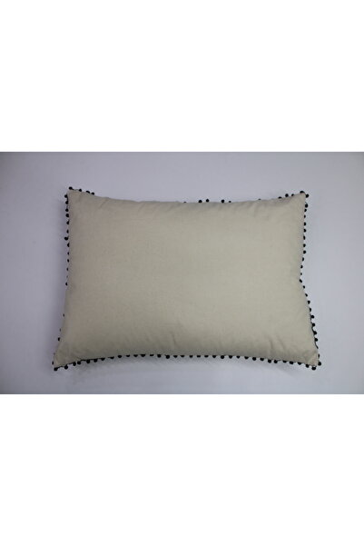 LILYUM %100 Pamuk Bej Ham Keten Yastık Kılıfı 50x70 – Siyah Ponpon Detaylı