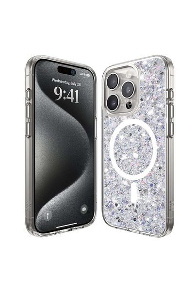 SKYDDAR INNOVATION Case For Iphone 15 Pro, Sparklecase, Glitter Silicone Case, Full Protection, White, Sticker Set