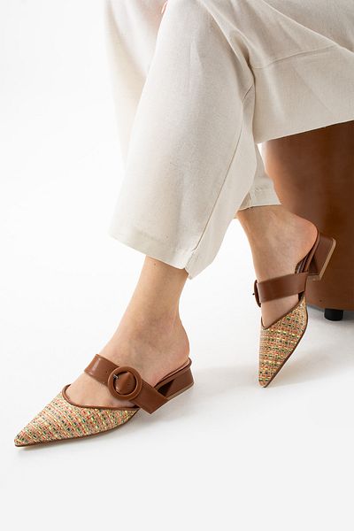 Extra Shoes İstanbul Tan Straw Belt Detailed Women's Slippers