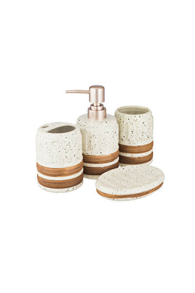 ABAREEK 4-Piece Ceramic Bathroom Set with Liquid Soap - Brown and White