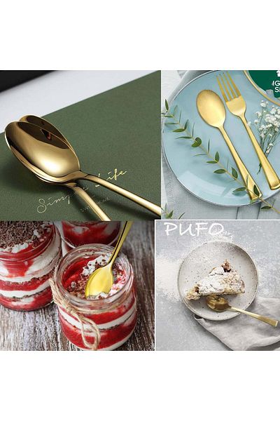 PUFO Set of 6 Pufo Ellegance spoons for coffee, tea, dessert, steel, gold, 15 cm