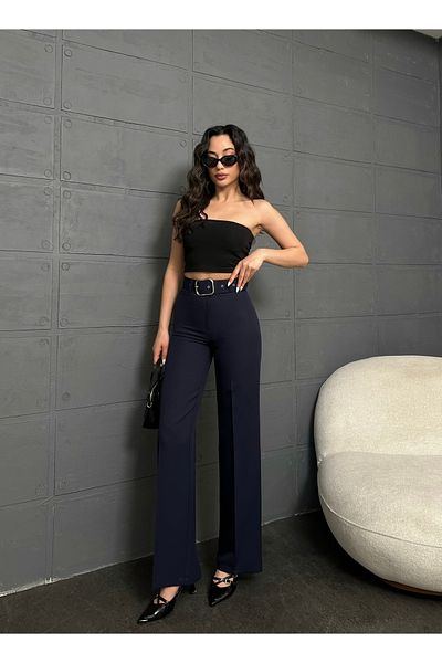 Leo Ferre Navy Blue Belted Palazzo Pants