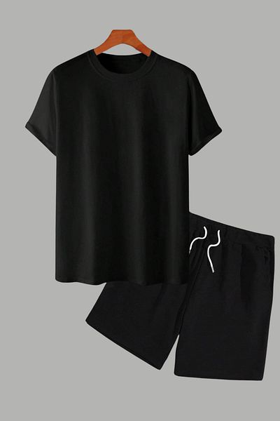 MELADYAN Unprinted Black T-Shirt Black Shorts Bottom Top Set