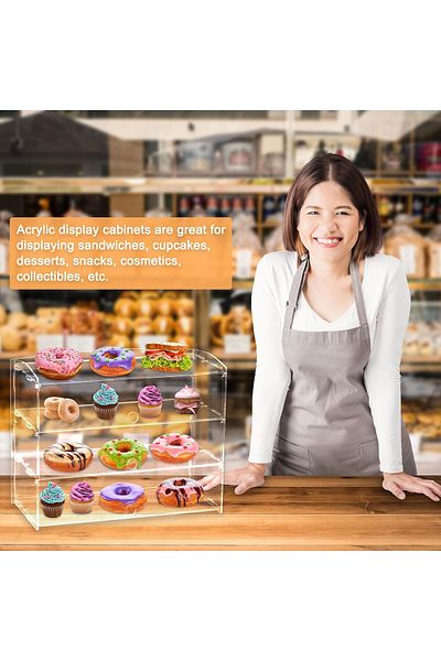 Generic علبة عرض معجنات من 3 طبقات، علبة عرض أكريليك مع إمكانية الوصول إلى الباب الخلفي، مناسبة للمخابز