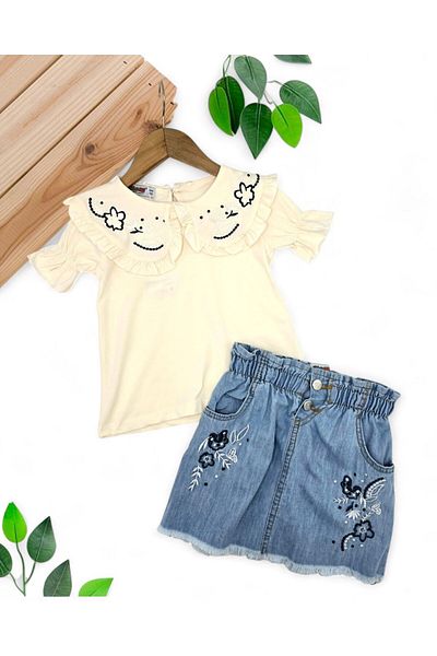 VOY KİDS Girl's Jeans Skirt with Embroidered Collar Detail Summer Vacation 3-10 Years Old Stylish Girl's Suit