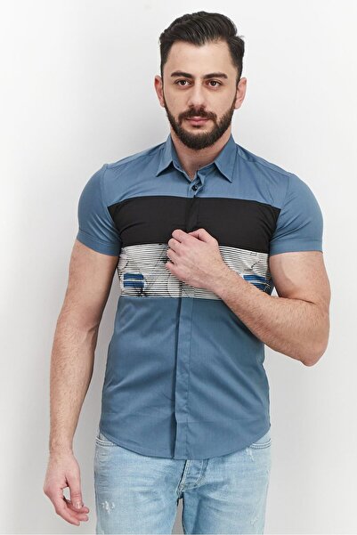 Antony Morato Men Slim Fit Colorblock Short Sleeve Casual Shirt, Dark Grey